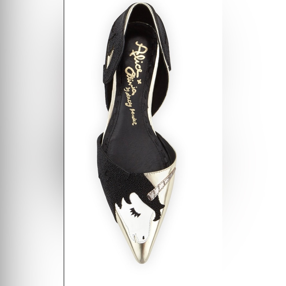 NWT Alice + Olivia
Lilith Unicorn d'Orsay Flat, Black/Gold